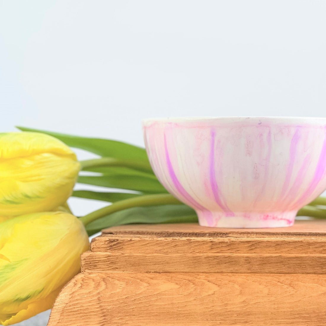 Ceramic three wick soy candle handpainted in pale pinks