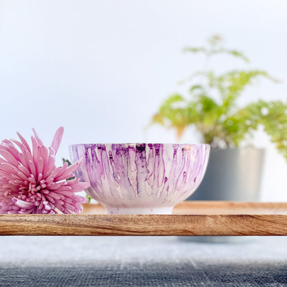 Ceramic three wick soy candle handpainted in shades of lilac
