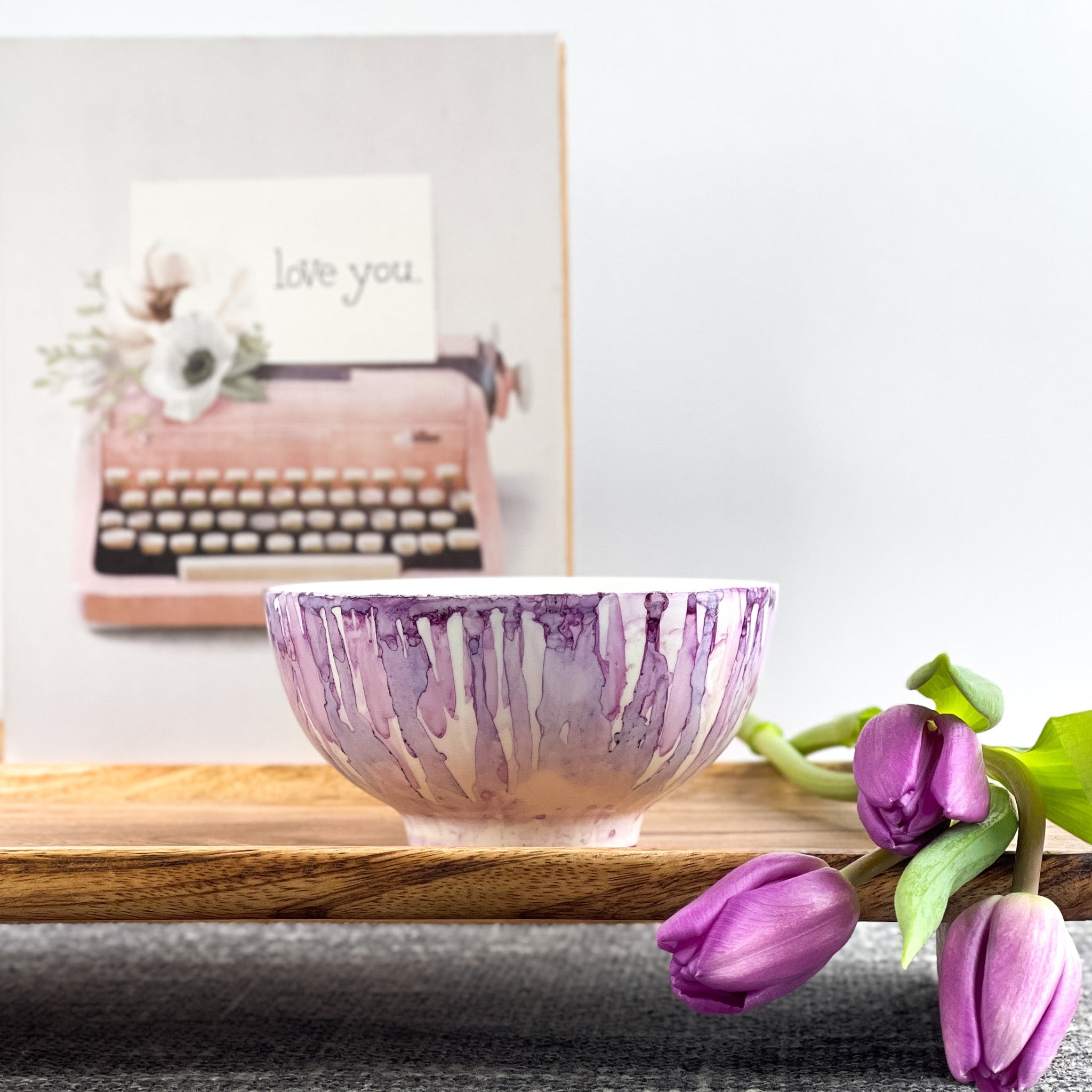 Ceramic three wick soy candle handpainted in shades of lilac