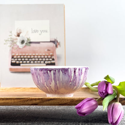 Ceramic three wick soy candle handpainted in shades of lilac