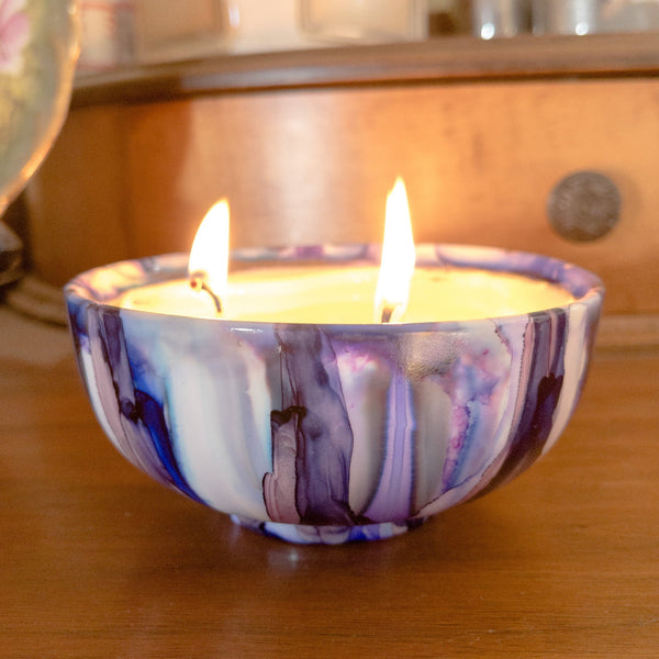 blue and purple hand painted scented candle
